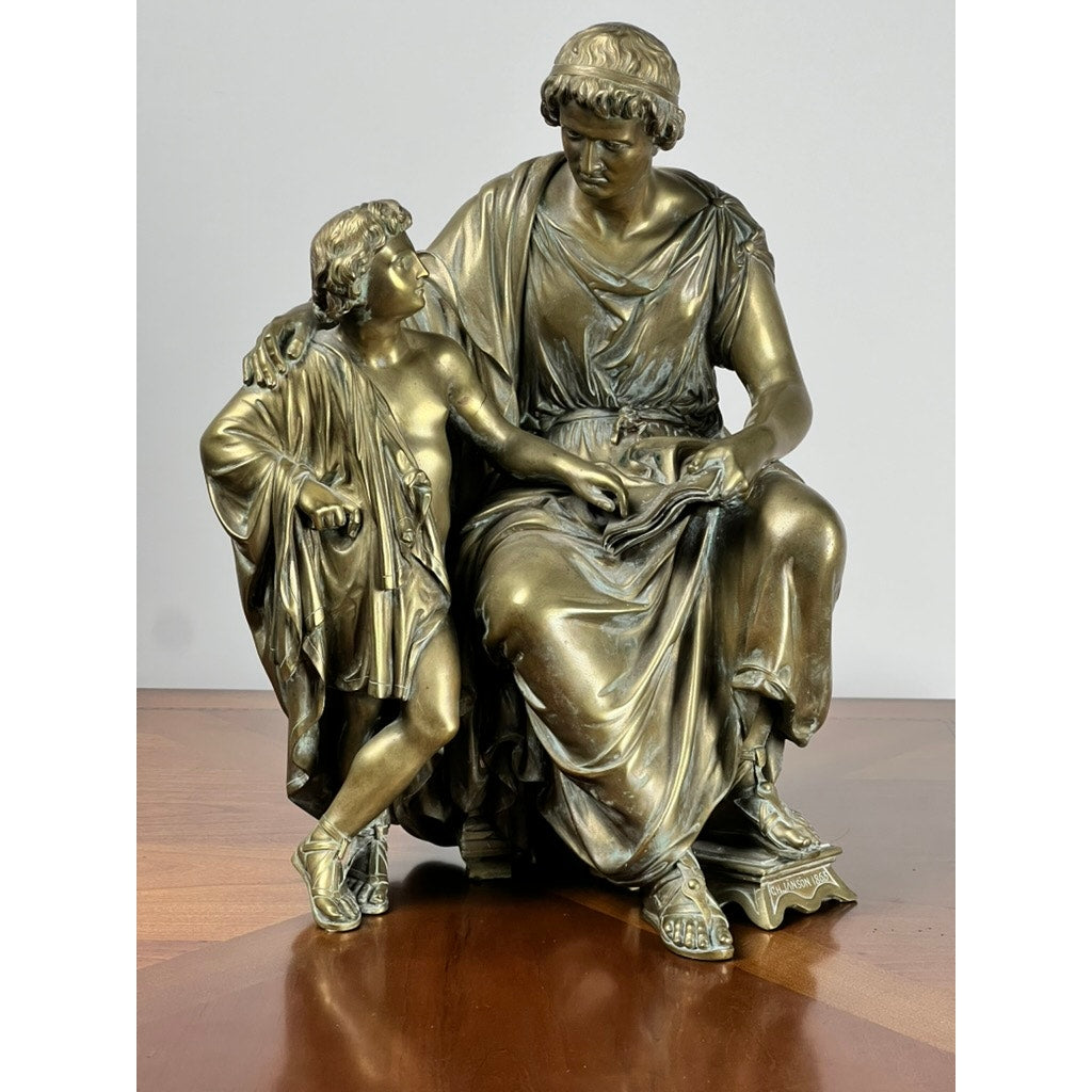 The Antique Bronze Sculpture “Teacher and Pupil” by Louis Charles Janson, signed Ch. Janson and dated 1865, shows a seated woman in ancient robes with a young boy beside her, both gazing at each other on a wooden base.