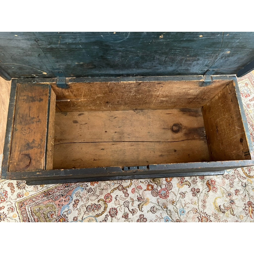 Antique Early 19th Century Becketed Maine Sea Chest in Original Blue Paint