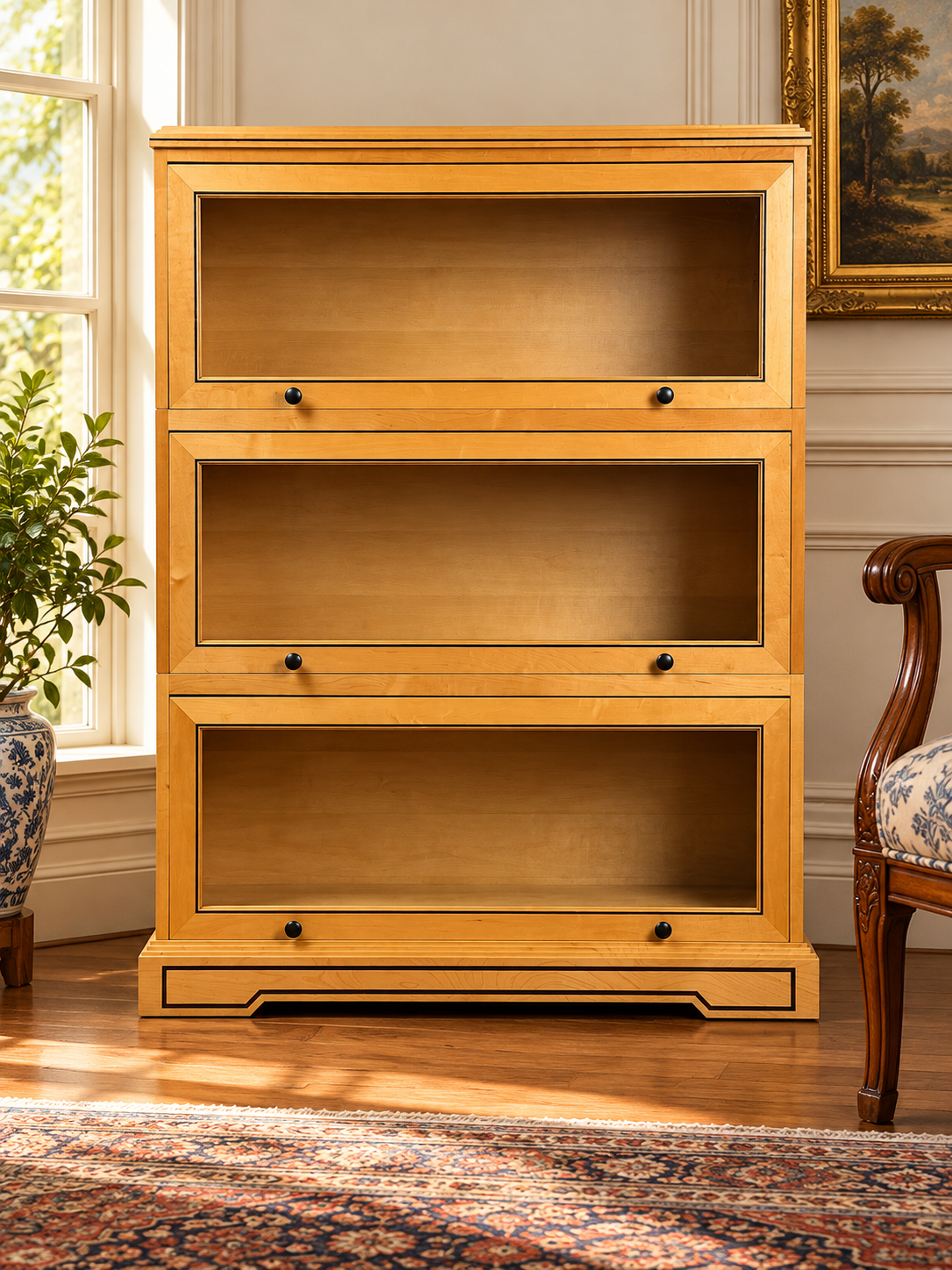 A Vintage Bench Made Maple with Wenge Inlay Three Stack Barrister Bookcase featuring three tiers, glass flip-front doors, and dark accents.