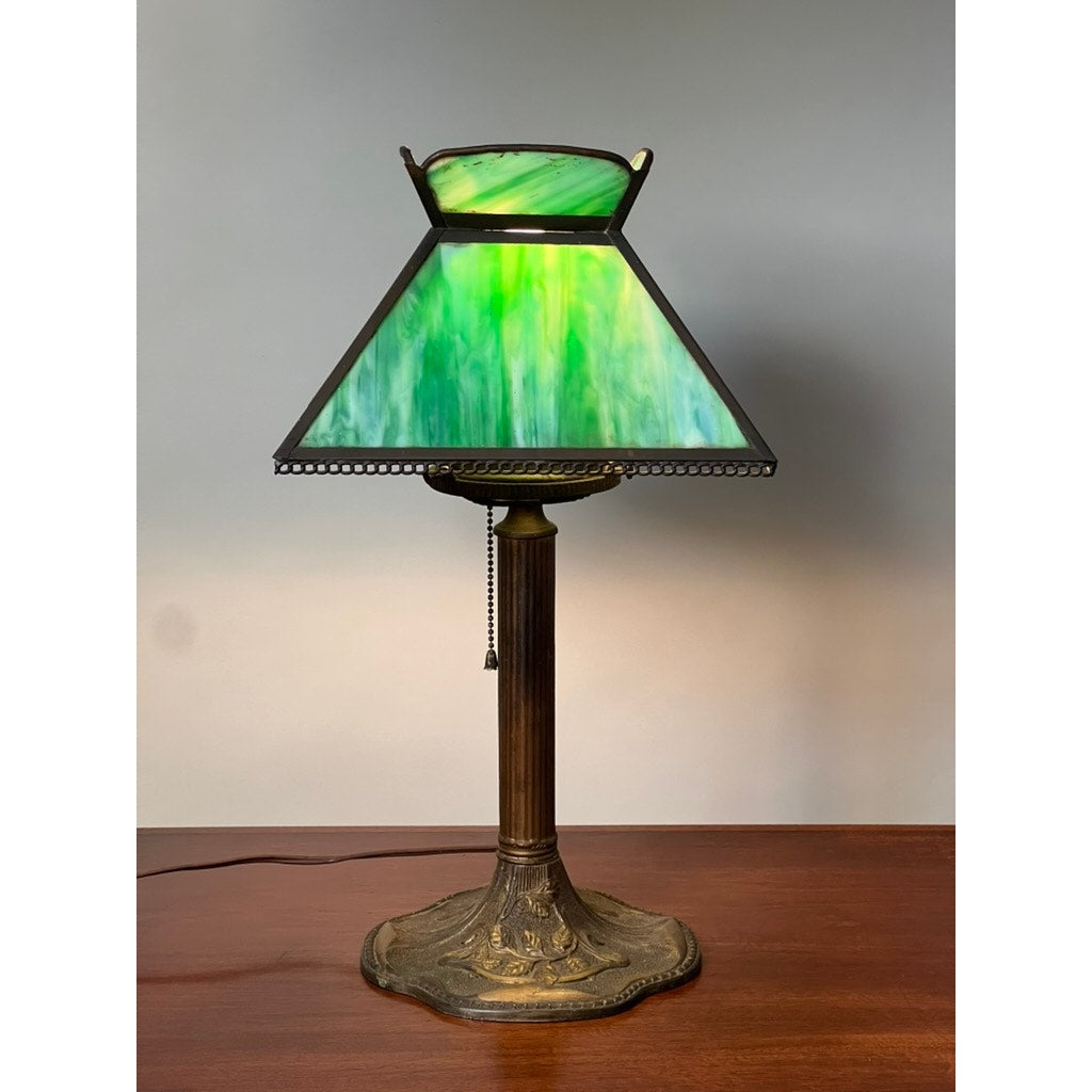 Antique Arts and Crafts Green Slag Glass Lamp c. 1920s