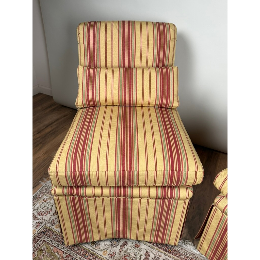 Pair of Upholstered Striped Slipper Chairs with Lumbar Pillows