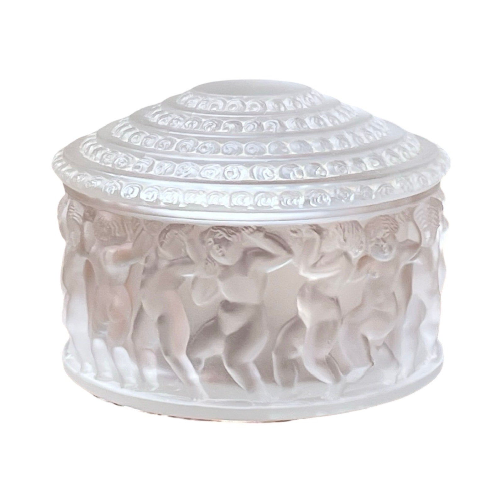 The Vintage Lalique Crystal Enfants Box by Lalique is a frosted glass round box with a domed lid, adorned with dancing nude cherubs and intricate designs, inspired by classic French art glass.
