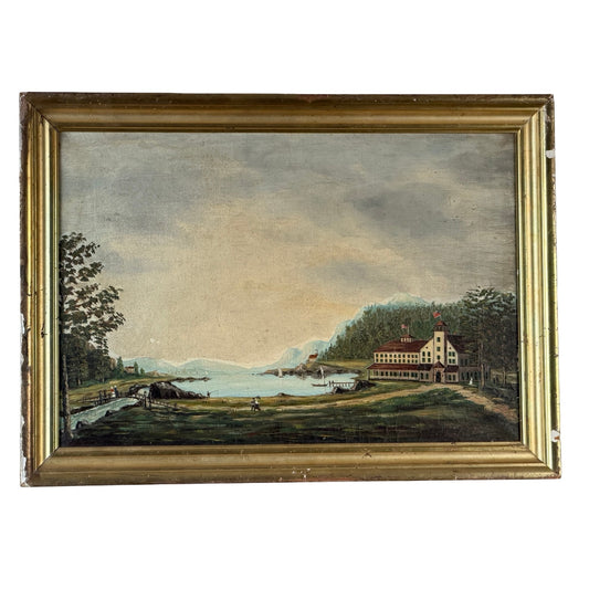 19th Century American Folk Art Adirondack or New England Resort Hotel Oil Painting—this framed piece depicts a grand lakeside resort hotel surrounded by boats on the water, trees, and distant mountains beneath a cloudy sky, echoing the charm and style of 19th century American folk art. Brand: None/Unknown.