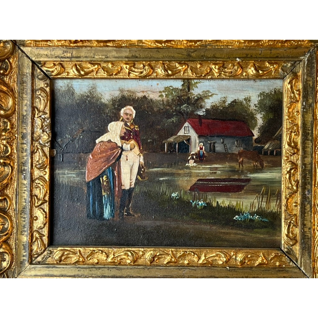 An Antique Oil on Canvas Small Format Painting (c. 19th Century) depicts a military officer escorting an old woman near a pond, with people and a horse by a red-roofed cottage in lush greenery, all set in an ornate gilt frame. Brand: Unknown.