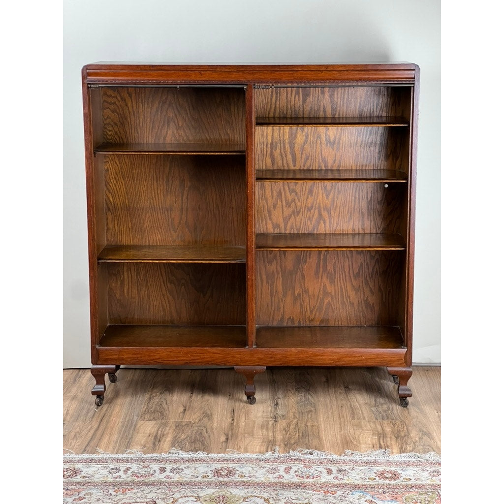 Antique Edwardian Oak Open Bookcase with Curtain Rods c. 1910
