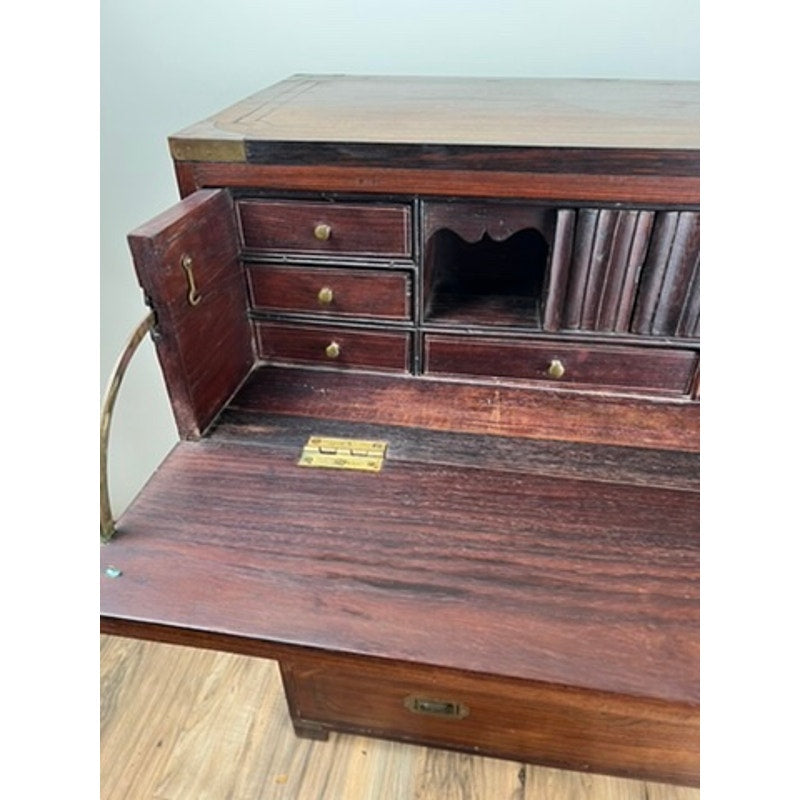 Antique English Teak Campaign Secretary with Brass Inlay and Banding Campaign Secretary c. Mid 19th Century