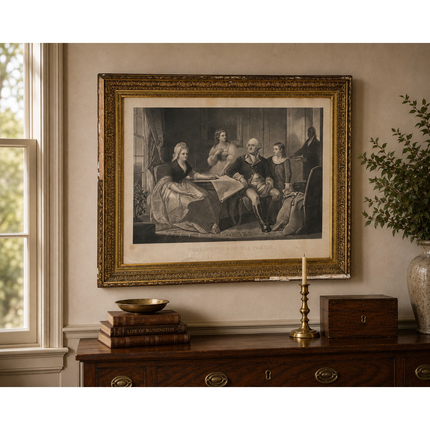 A framed black-and-white “Washington and His Family” engraving, published by Bradley & Co., Philadelphia in 1858 and set in a period gilt frame, hangs above a wooden sideboard adorned with stacked books, a brass bowl, candlestick, small box, and a vase of greenery; sunlight streams in from a nearby window.