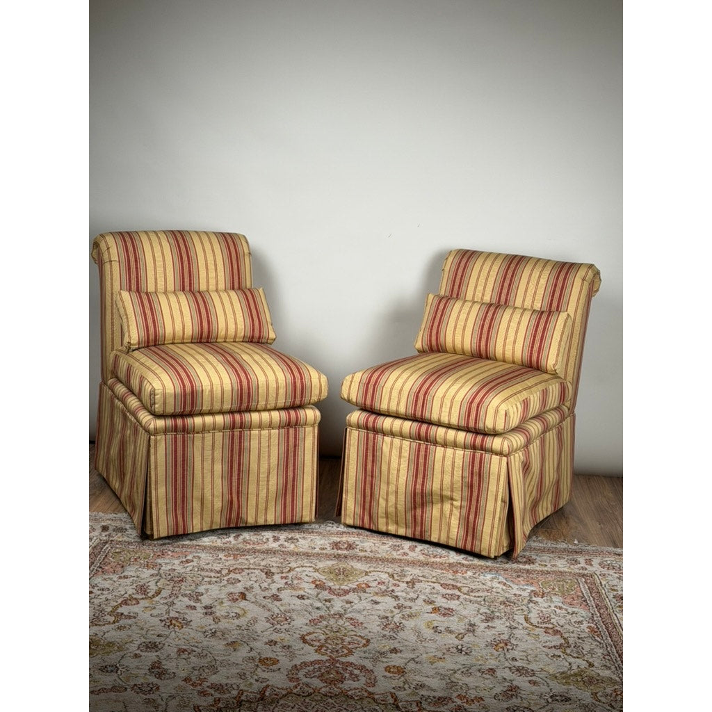 Pair of Upholstered Striped Slipper Chairs with Lumbar Pillows
