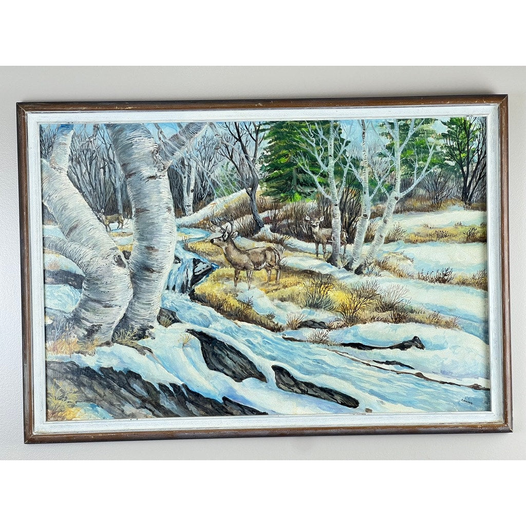 Oil on Board Painting “Deer by the Winter Stream” by Roc Caivano