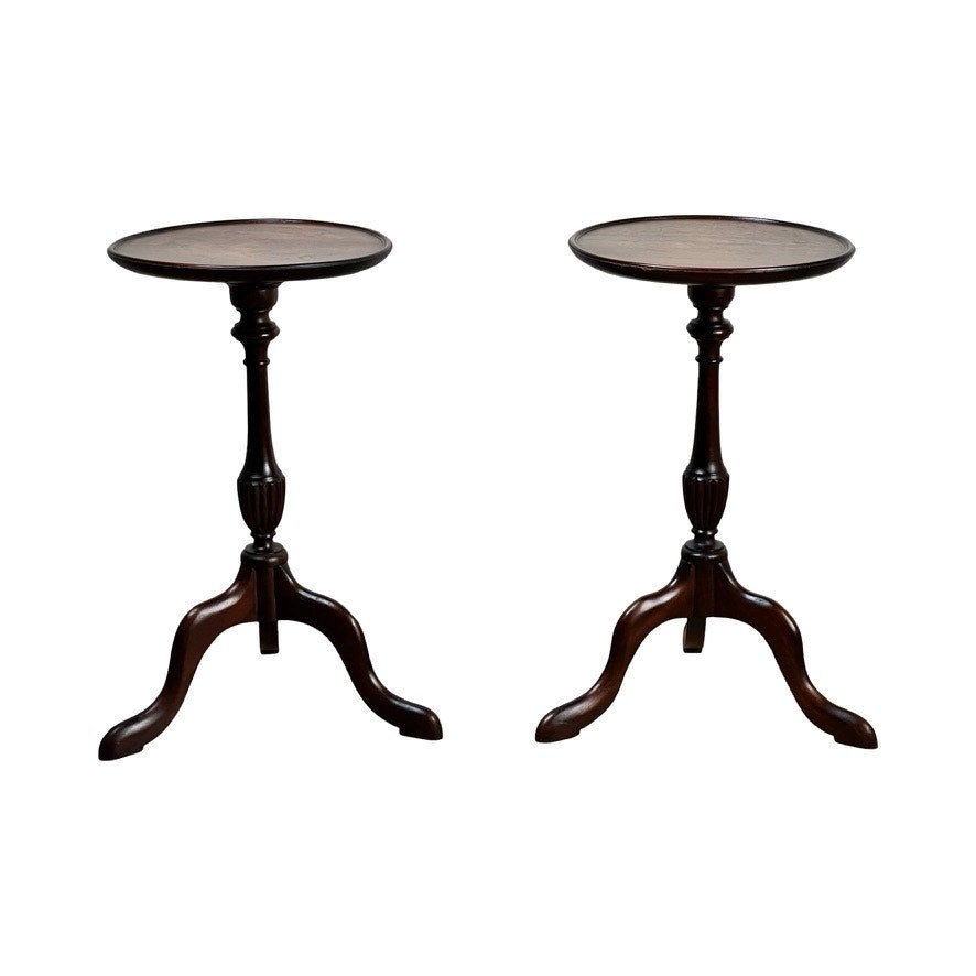 Vintage Match Pair Diminutive Walnut Candle Stands c. 1940, featuring round tops and three curved legs each, are displayed against a white background. Brand: Unknown.