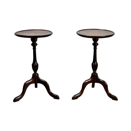 Vintage Match Pair Diminutive Walnut Candle Stands c. 1940, featuring round tops and three curved legs each, are displayed against a white background. Brand: Unknown.