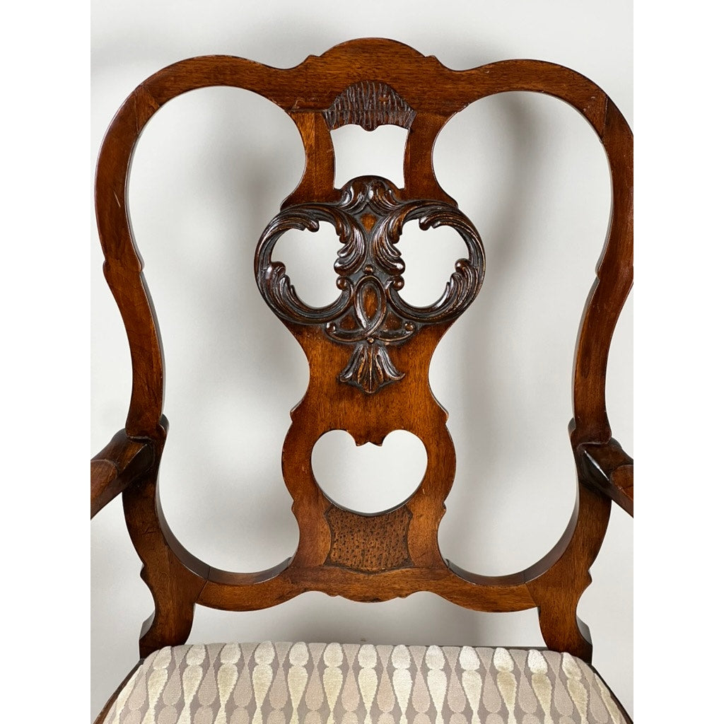 Antique George III Mahogany Open Arm Chair, late 18th century, features an ornately carved back in Chippendale style and a light upholstered seat with a subtle geometric pattern. Brand: None/Unknown.
