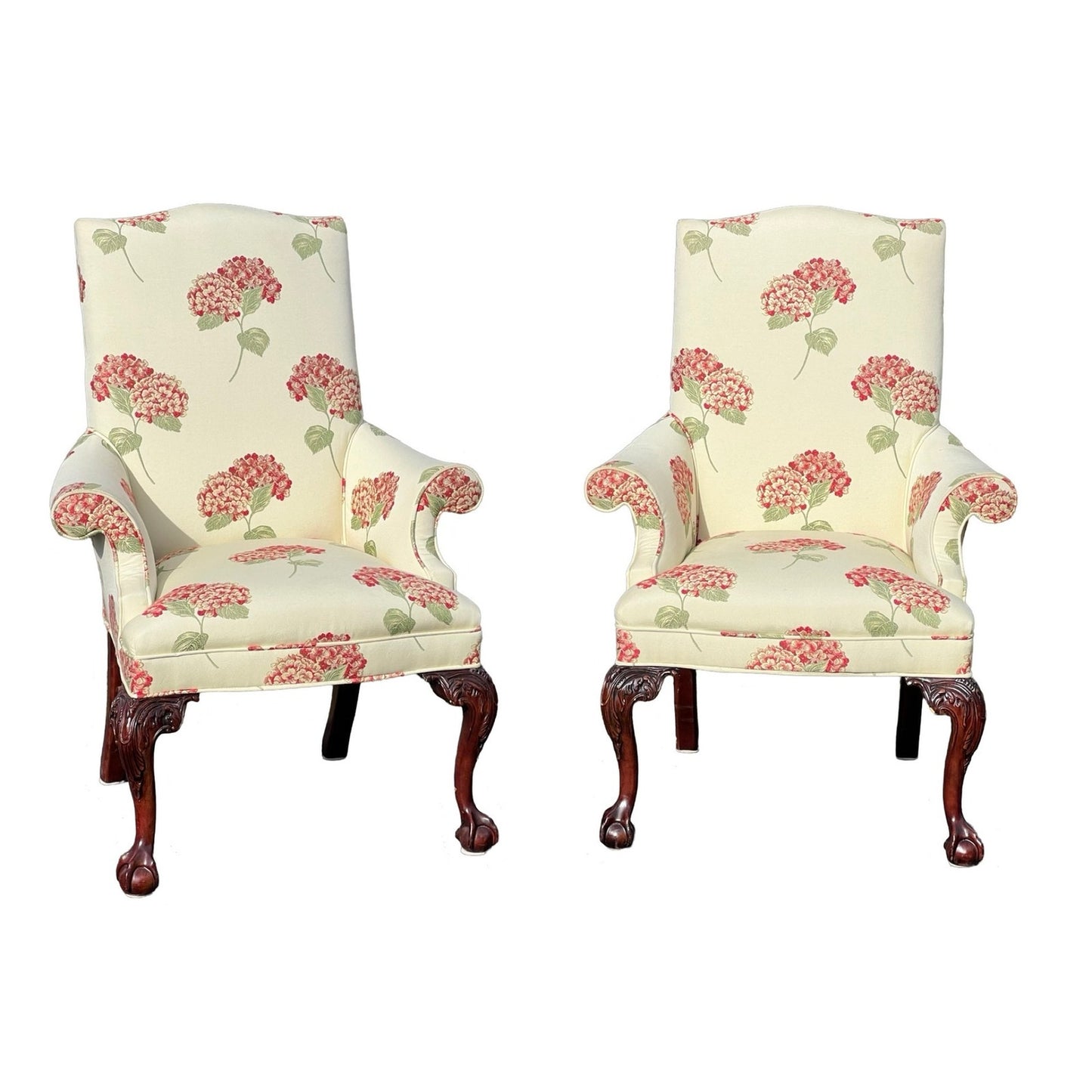 Vintage Pair of Hydrangea Chippendale Style Parlor Chairs