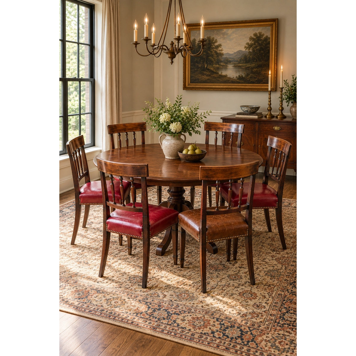 A round wooden dining table is surrounded by an Assembled Set of Six English George III Mahogany Neoclassical Dining Chairs, Four 18th Century from Pearl City Antiques, each featuring red cushions. The table sits atop a patterned rug and is adorned with a vase of flowers and a bowl of apples. A chandelier hangs above, while a large window and landscape painting complete the scene.