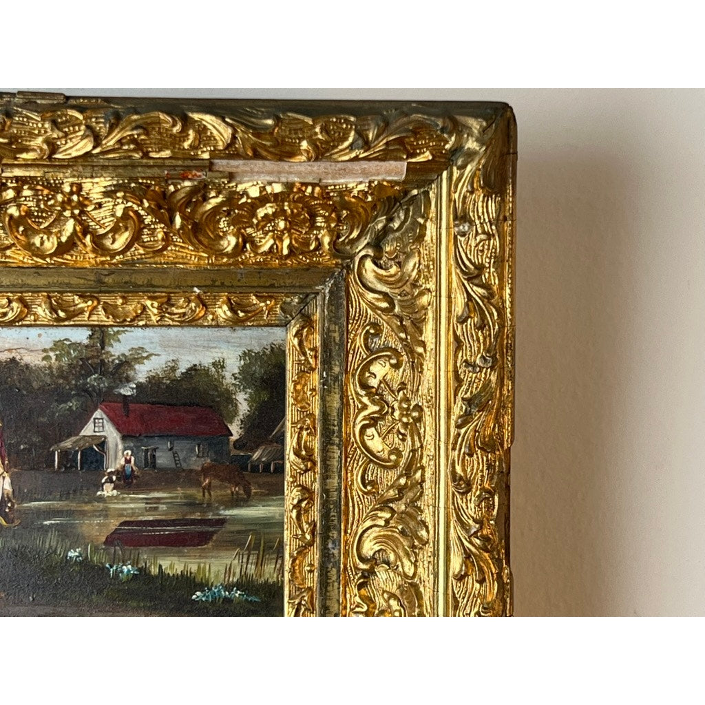 Close-up of a gilt frame with floral carvings and corner wear, encasing an antique 19th-century oil on canvas painting of a military officer escorting an old woman. Brand: unknown.