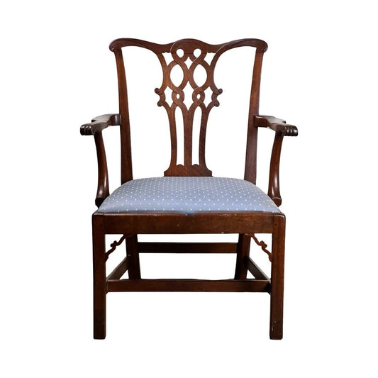 The Antique Chippendale Walnut Open Arm Chair, c. late 18th century, features an ornate openwork backrest, curved arms, and a seat upholstered in light blue fabric with white polka dots—a true vintage English design.