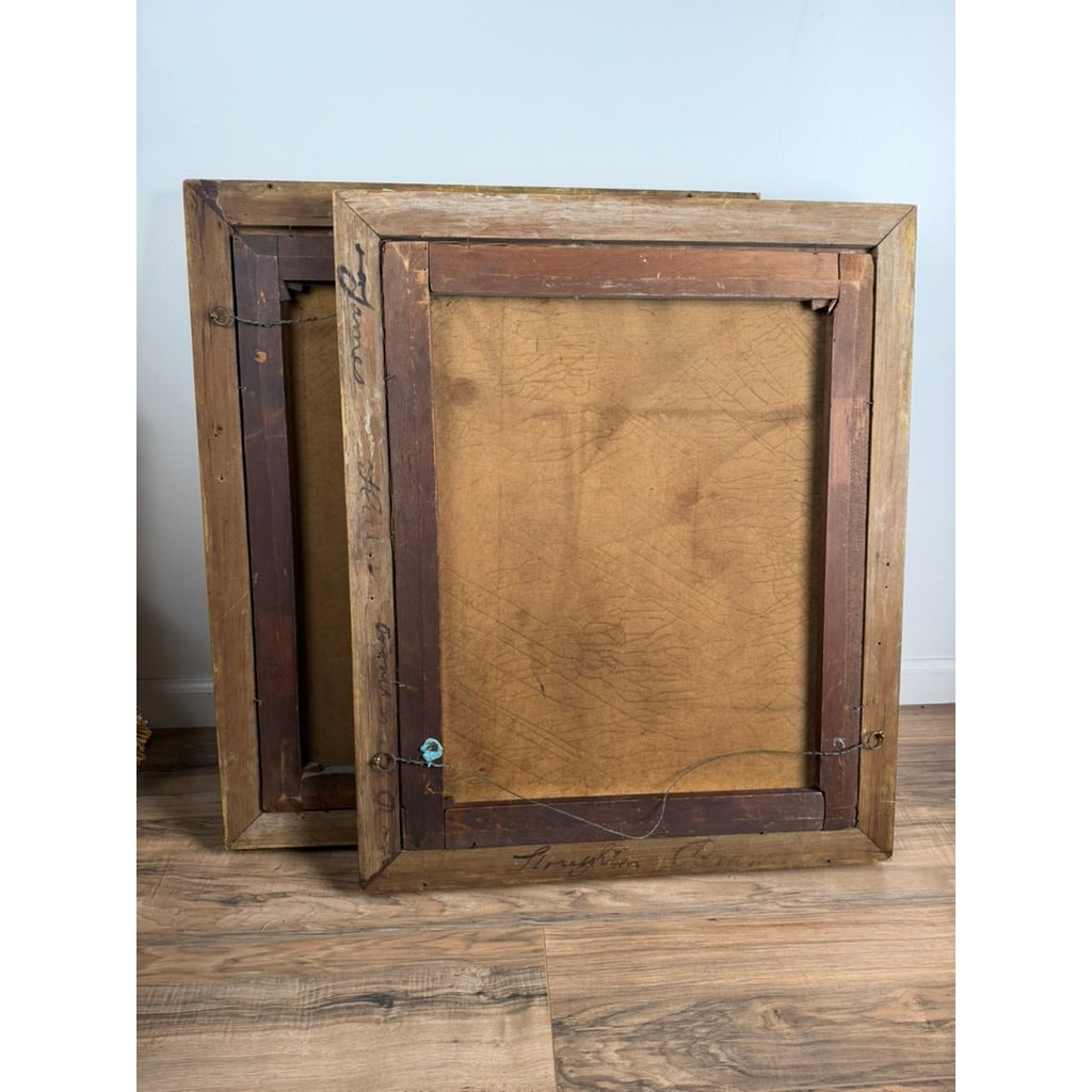 Backs of the Pair of American School Oil Portraits of a Gentleman and Lady, c. 1840–1860, showing the antique mid-19th-century frames, stretcher bars, canvas, and handwritten inscriptions.