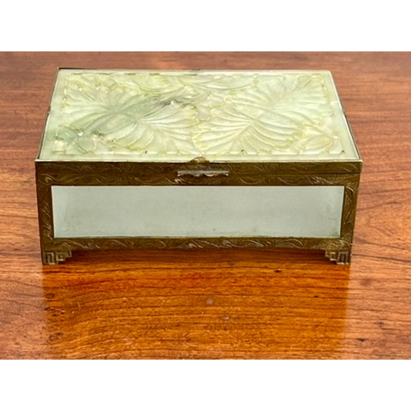 Antique Chinese Brass Bound Jade and Frosted Glass Dresser Box