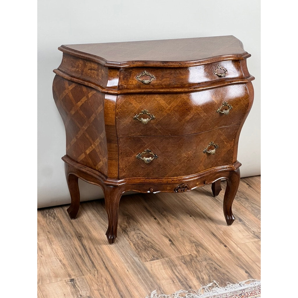 Vintage French Louis XVI Style Walnut Parquet Bombe Chest