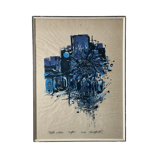 Mid-Century Roland Hockett “Rythm in Blues” Abstract Woodcut Print Signed and Numbered