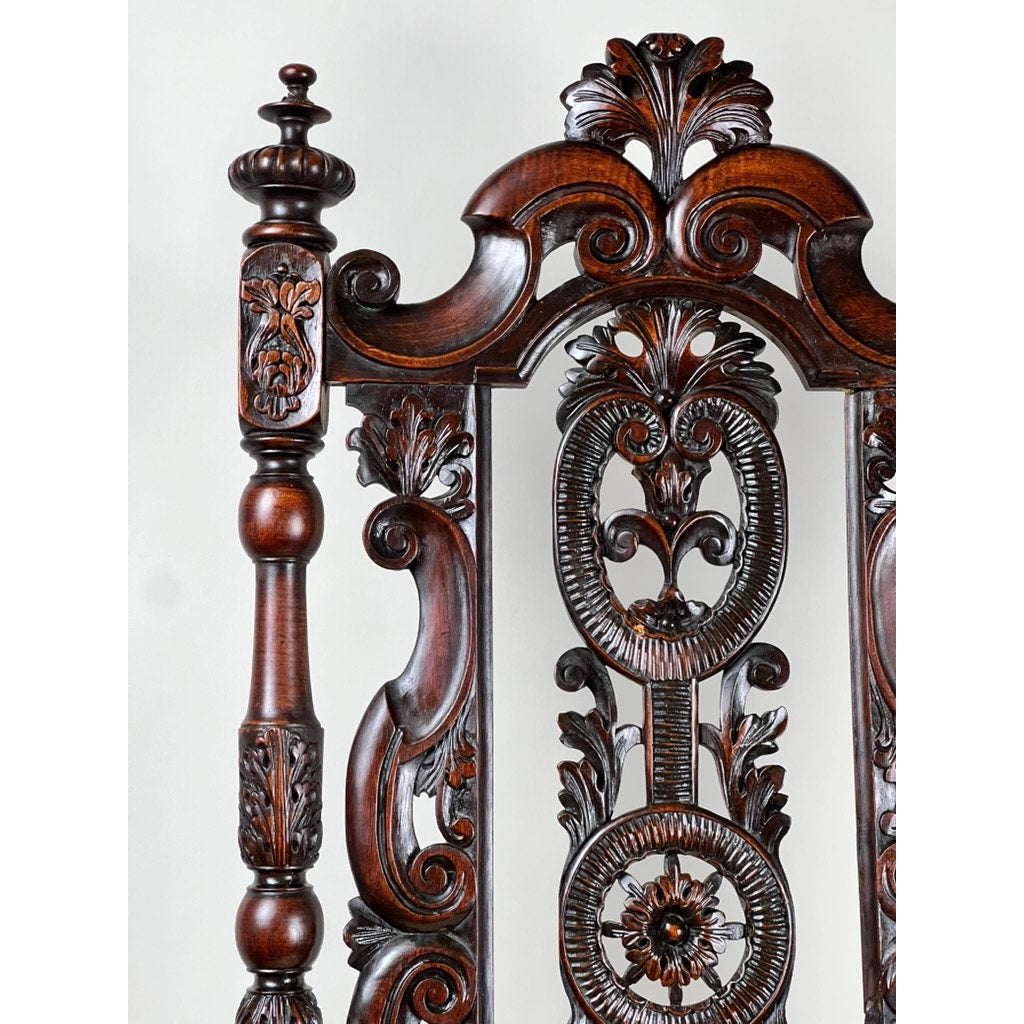 Antique Fine Carved Flemish Side Chair attributed to Daniel Marot, late 17th century, features an ornate dark wood back with intricate scrolls, leaves, and floral carvings plus detailed spindles and a polished finish. Brand: Unknown.