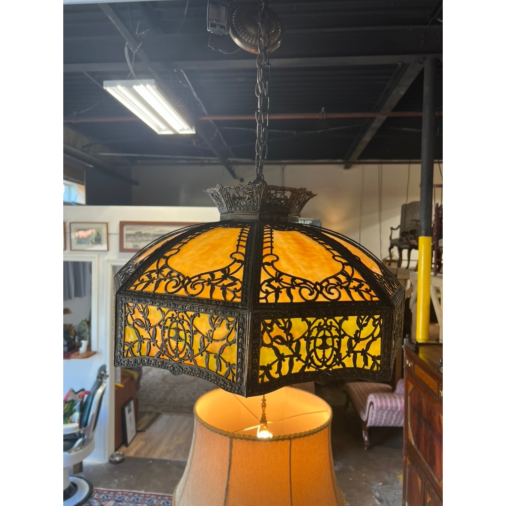 Antique Art Nouveau slag glass hanging lamp c.1920 with amber and green panels