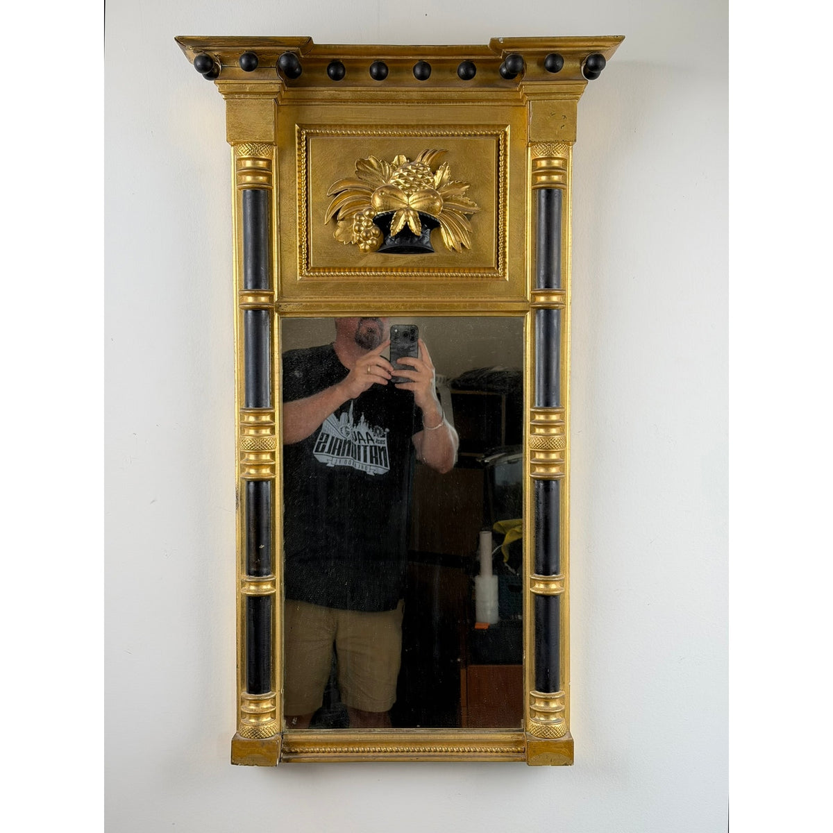 Massachusetts Federal Giltwood & Ebonized Pier Mirror with Fruit Basket, c.1820