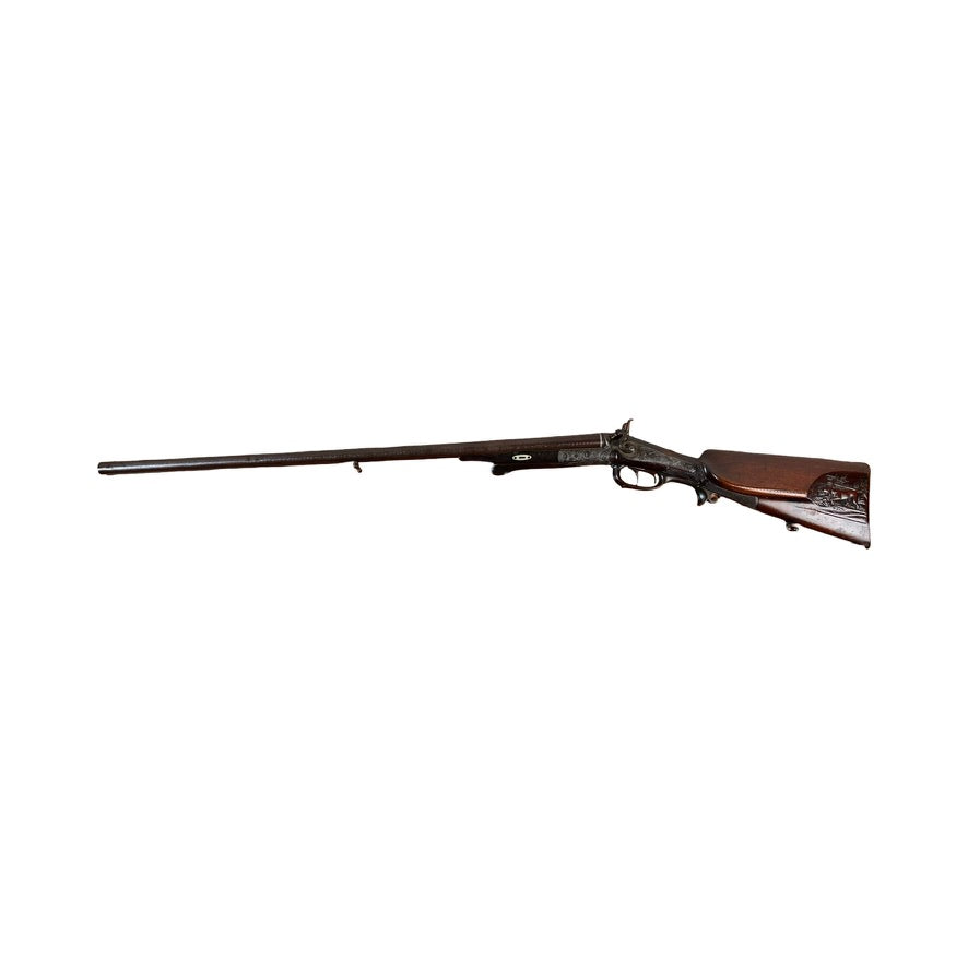 Displayed on a white background is an Antique Christoph Funke Suhl German Damascus Double Barrel Hammer Shotgun, c. 1880, from Pearl City Antiques—showcasing a beautifully carved wooden stock and elegant lines characteristic of classic Damascus barrels.