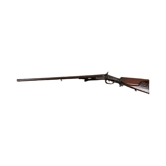 Displayed on a white background is an Antique Christoph Funke Suhl German Damascus Double Barrel Hammer Shotgun, c. 1880, from Pearl City Antiques—showcasing a beautifully carved wooden stock and elegant lines characteristic of classic Damascus barrels.