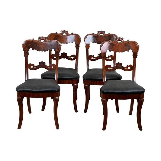 Antique Suite of Four Empire Flame Mahogany Saber Leg Chairs c. 1840 Signed by the Maker