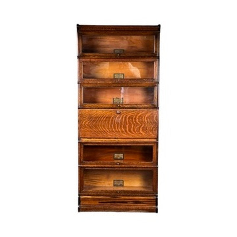 Antique Globe-Wernicke Quarter Sawn Oak 6-Stack Barrister Bookcase Secretary Desk, crafted circa 1905–1915 by Globe Wernicke, featuring six glass-fronted oak shelves—each with a centered metal label holder—set against a plain white background; evokes the classic style of early 20th-century barrister bookcases.