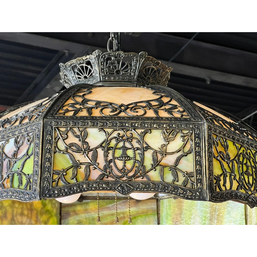 Art Nouveau slag glass lamp with chain and canopy suspension c.1920