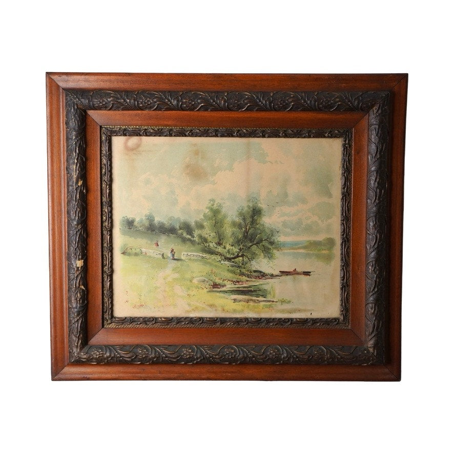 Antique Victorian Print of Tranquil Riverside Scene Signed S. A. Mullholland dated 1897