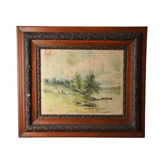Antique Victorian Print of Tranquil Riverside Scene Signed S. A. Mullholland dated 1897