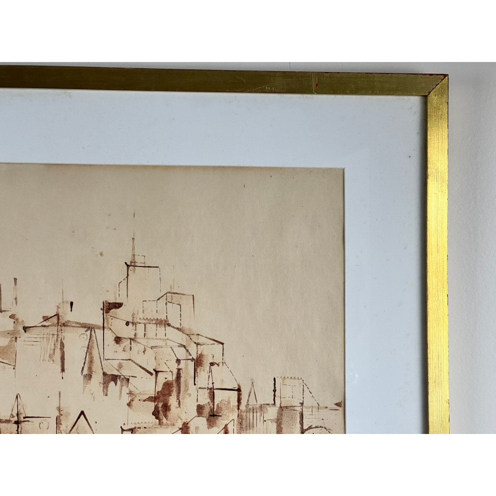 Close-up of Walter Kamys' "Assissi" (1955), ink on paper, signed lower right, showing sepia-toned buildings with angular rooftops. Artwork is framed in gold with a white mat; only part of this modernist piece is visible.
