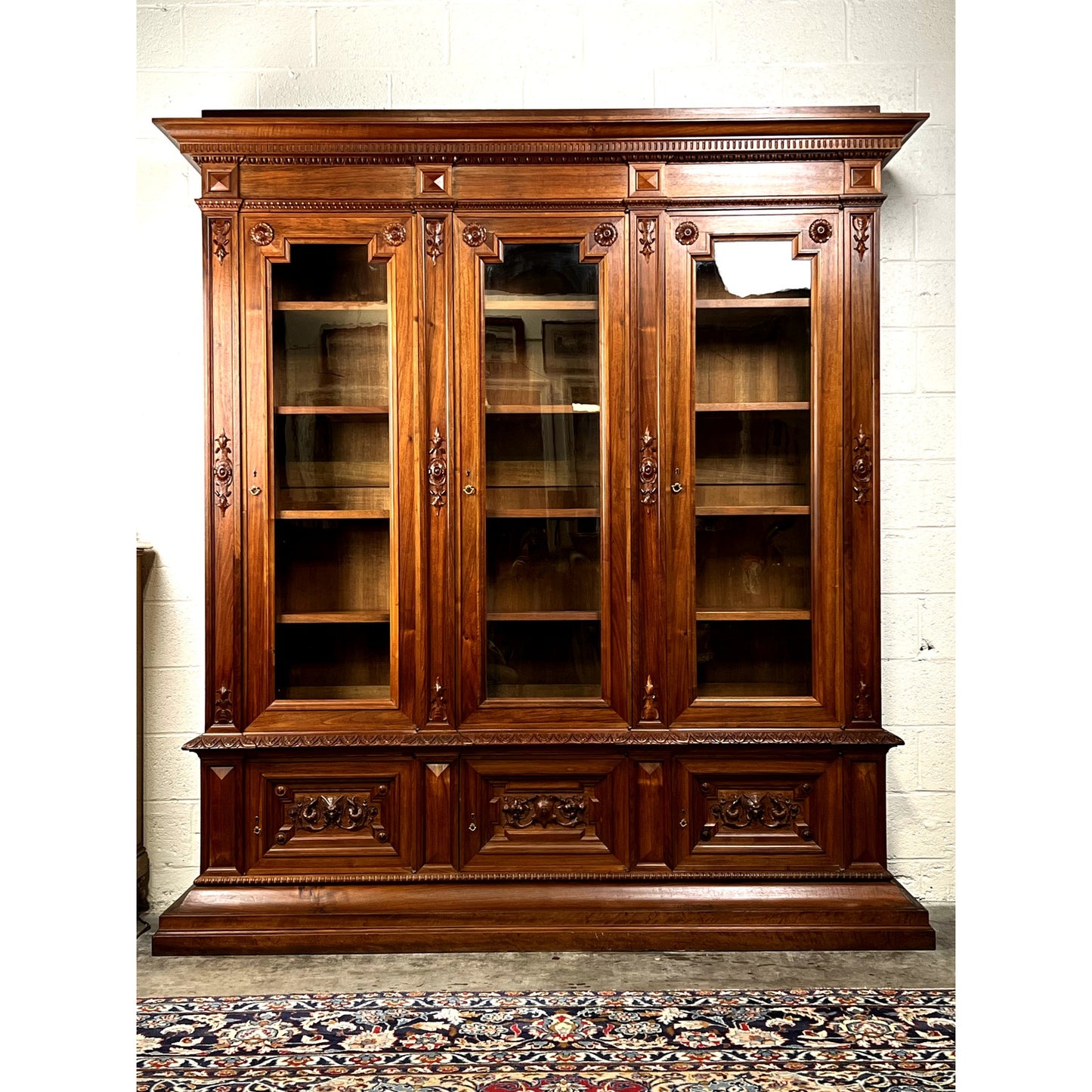 Antique Monumental French Renaissance Revival Solid Walnut Glass Door Bookcase c. Early 20th C.