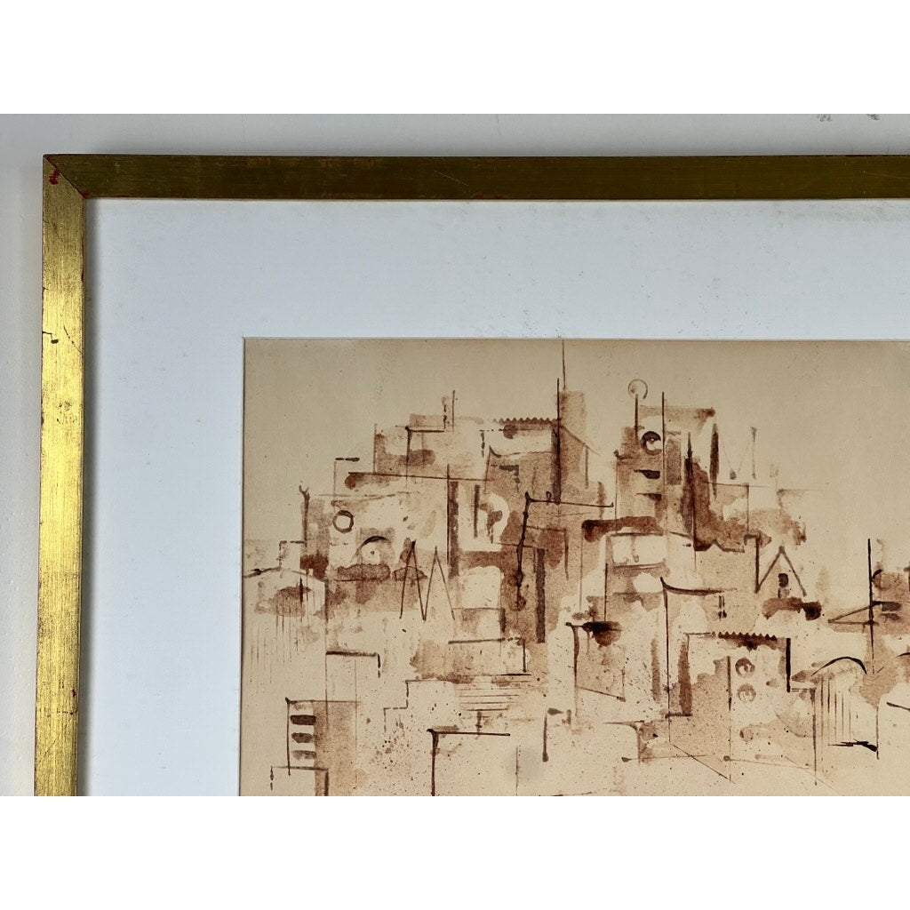 Walter Kamys “Assissi” (1955), signed ink on paper, depicts an abstract cityscape with geometric buildings in sepia tones, partially shown in a white mat and gold frame; gallery label en verso.