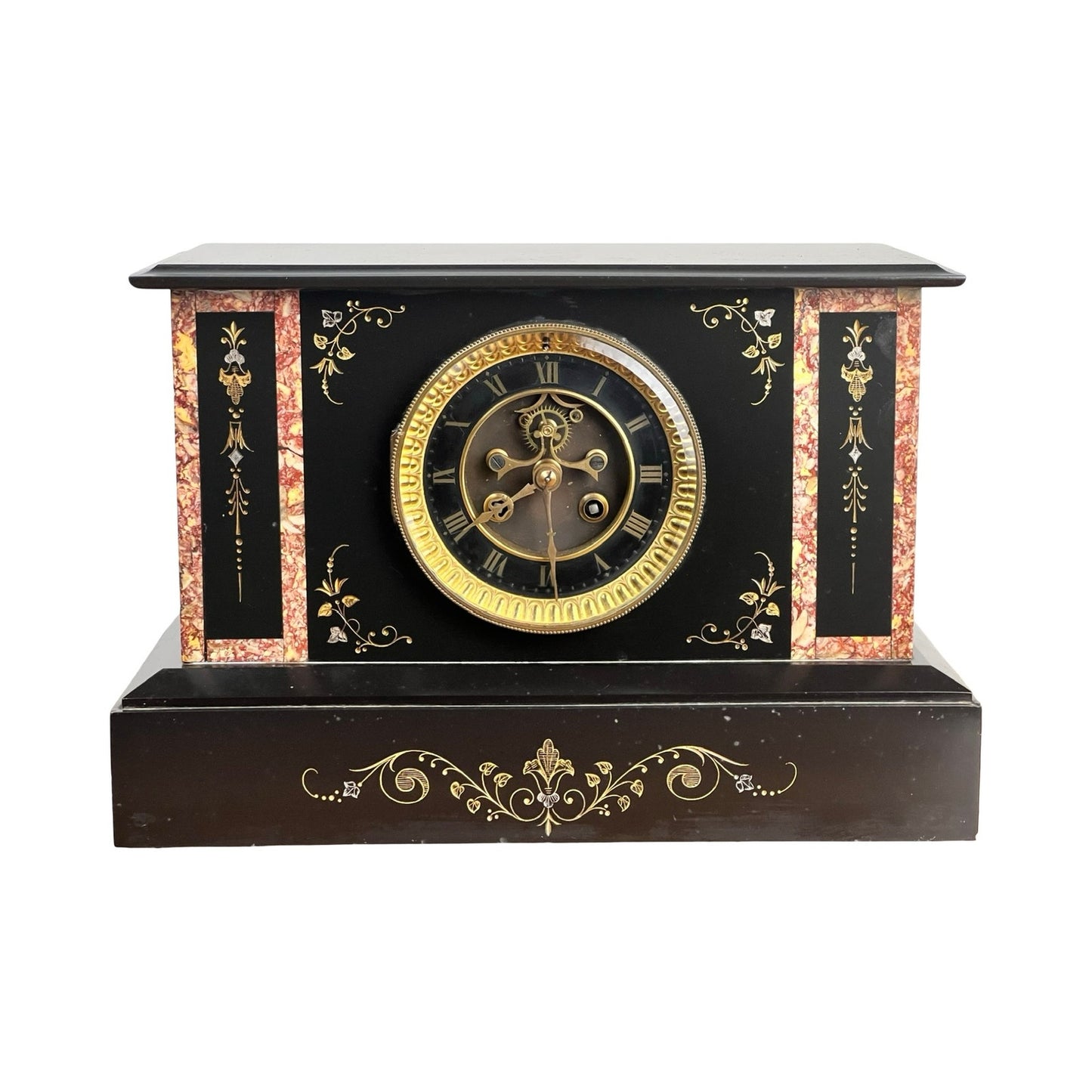 An Antique Victorian Slate Mantle Clock with open escapement, 8-day time and strike, c. late 19th century, featuring gold Roman numerals, ornate golden hands, and decorative gold and red floral details on a rectangular base. Brand: Unknown.