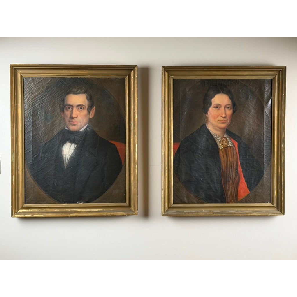 A Pair of American School Oil Portraits of a Gentleman and Lady, c. 1840–1860: two mid-19th-century oil portraits in ornate gold frames, one depicting a man in a black coat and the other a woman in a dark shawl.