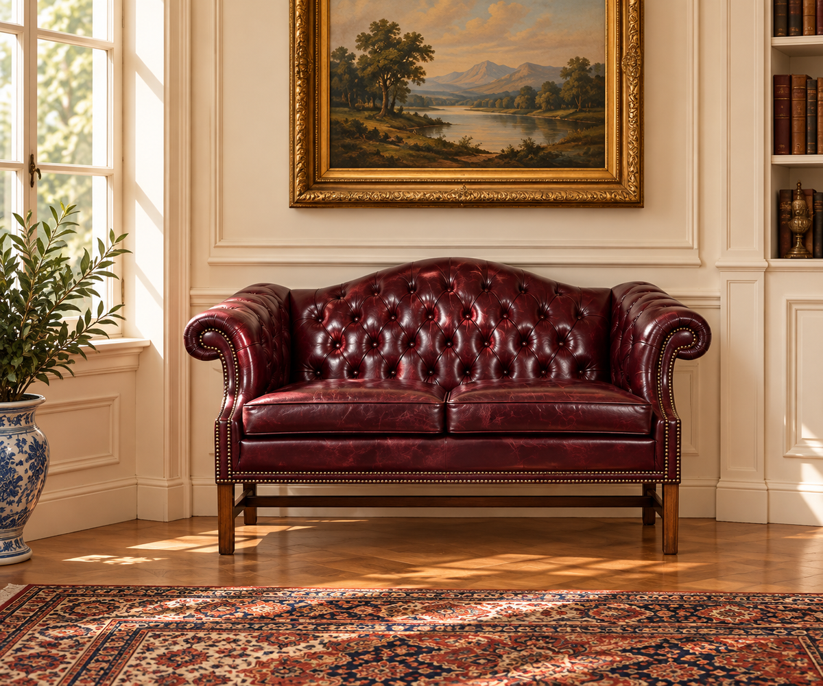Vintage Camel Back Chesterfield Red Leather Settee by Kimball with a camel-back silhouette and classic tufted detailing.