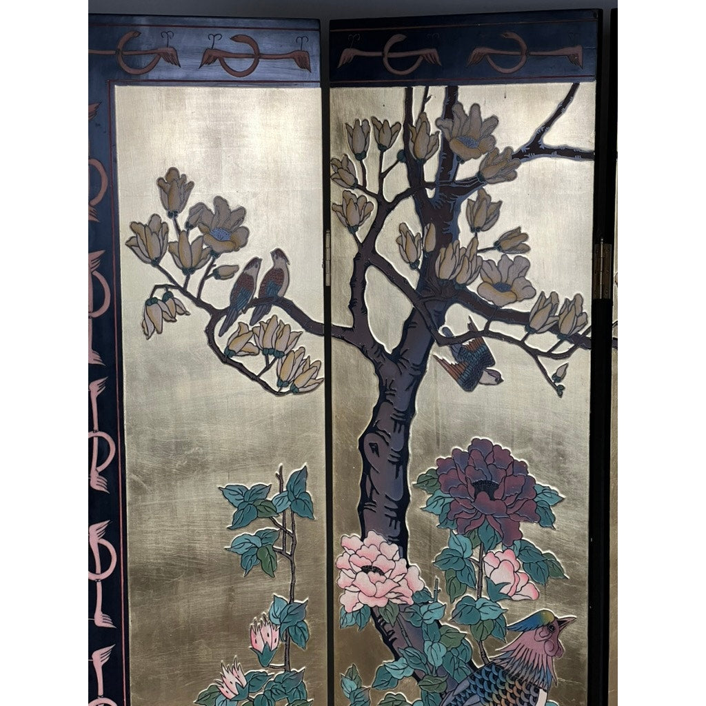This Vintage Asian Black Lacquer Coromandel Room Screen features intricate detailing with a blooming tree, perched birds, and a large pheasant set against a gold background, inspired by traditional Chinese decorative arts. Brand: None/Unknown.
