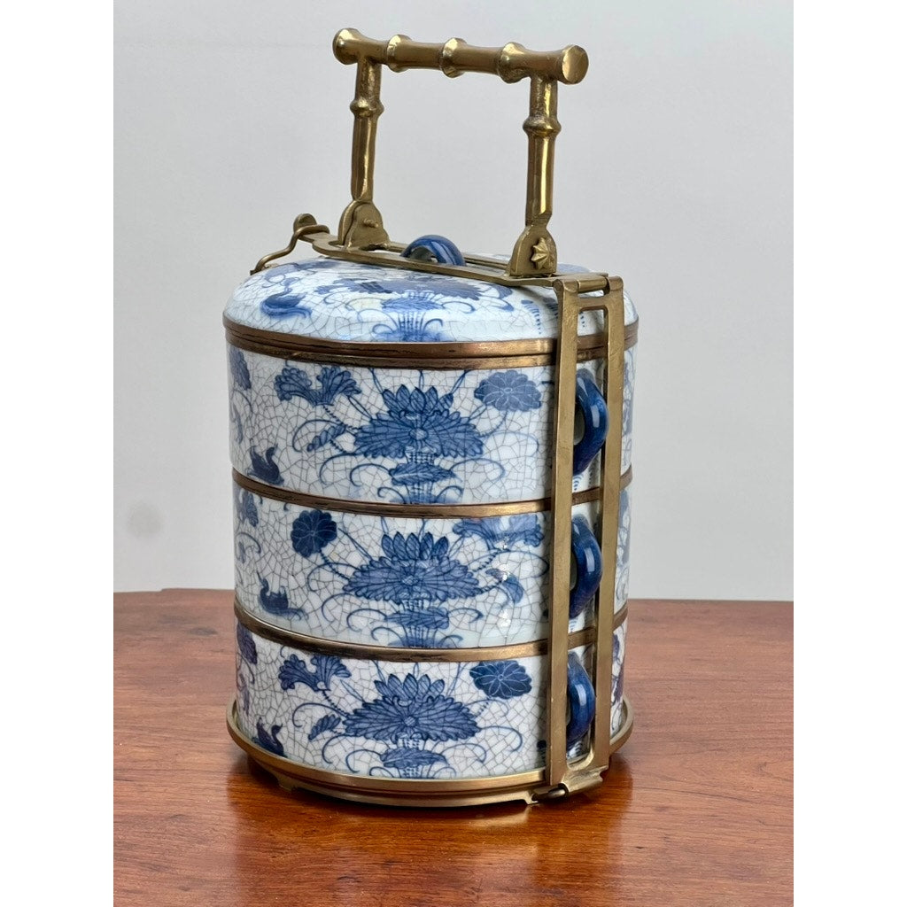 Antique Blue and White Porcelain Three Tier Tiffin Carrier c. Early 20th Century