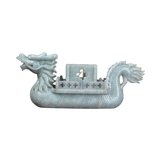 A Chinese Carved Celadon Hardstone Dragon Boat with Figures & Fitted Box, carved from pale green celadon hardstone with a central openwork cabin.