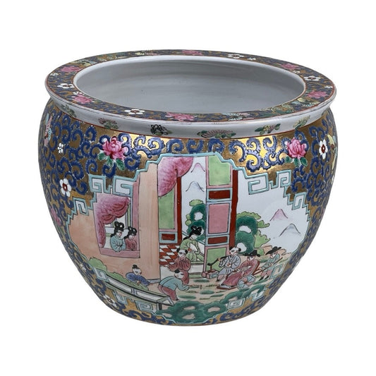 The Vintage Chinese Famille Rose Fish Bowl Signed Minicucci features hand-painted floral designs and a vivid scene with figures, mountains, and buildings—a stunning statement planter for any space.