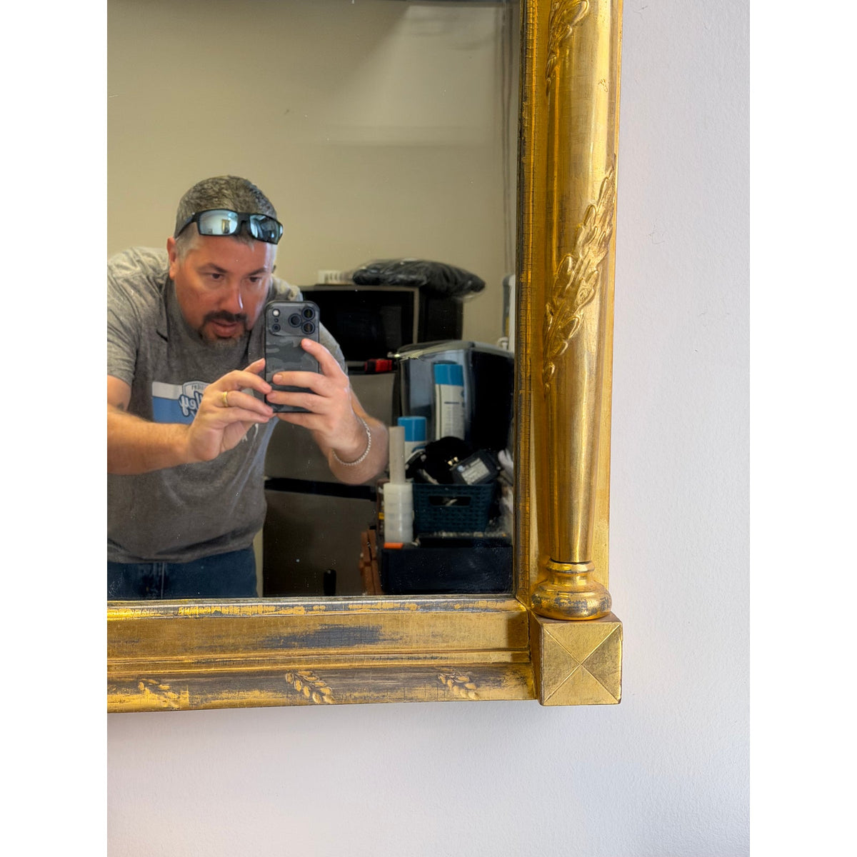 American Federal Giltwood Two-Plate Looking Glass, a rectangular mirror with a gold-toned frame featuring decorative carved pillars and corner blocks.
