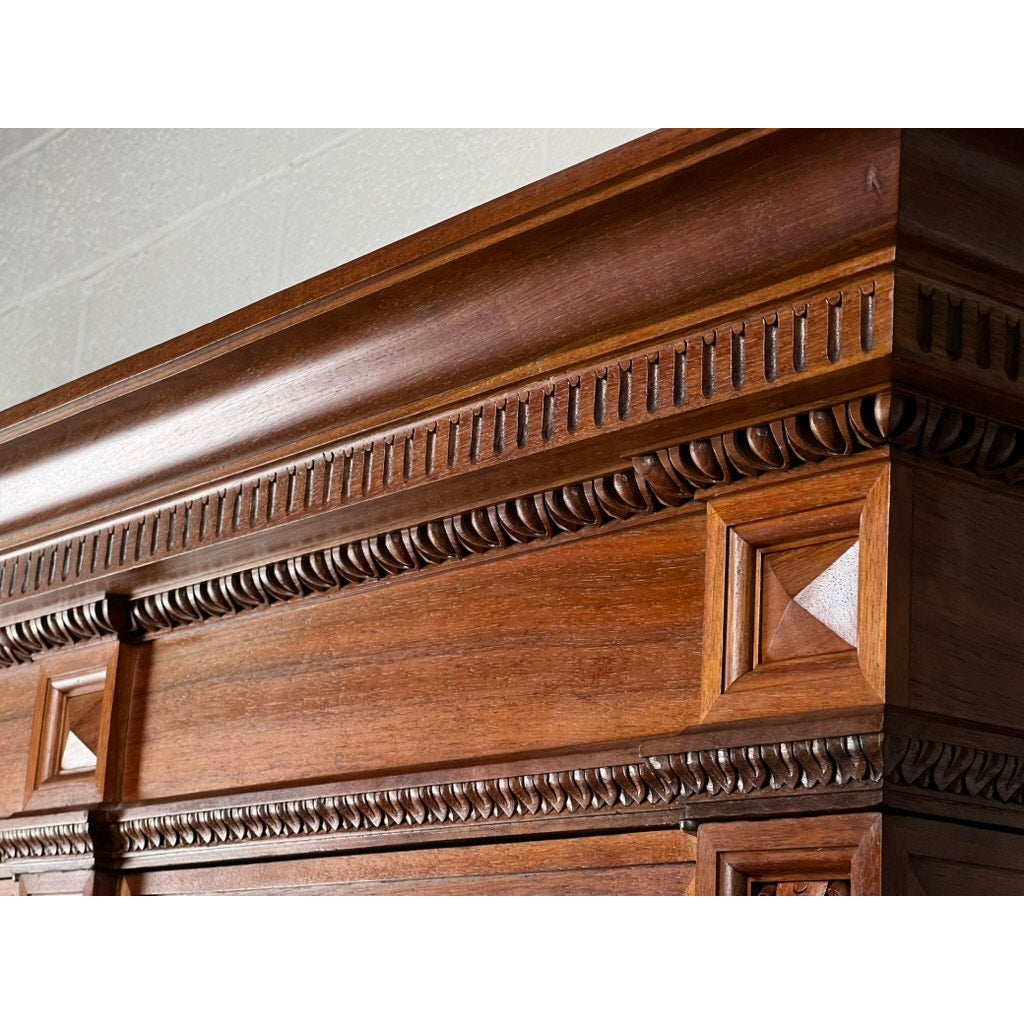 Antique Monumental French Renaissance Revival Solid Walnut Glass Door Bookcase c. Early 20th C.