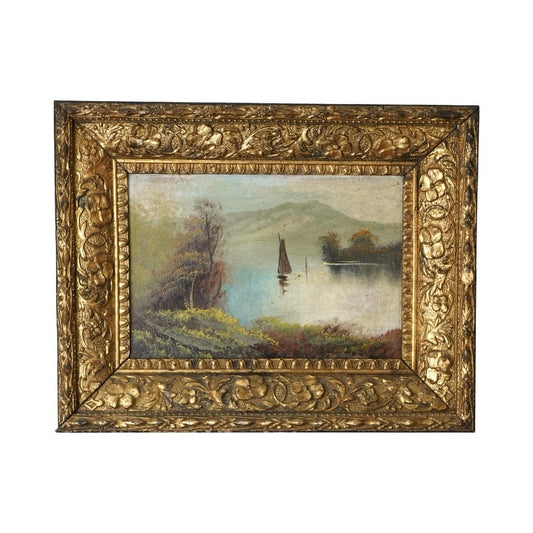 Antique Victorian Oil on Board Painting of Lake Scene with a Sailboat Unsigned c. Late 19th Century