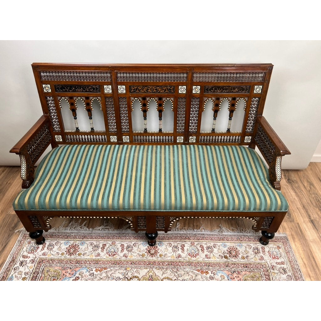 Antique Early 20th Century Moorish Settee with Bone and Mother of Pearl Inlay