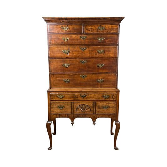 Antique 18th Century New England Maple Queen Anne Cornice Top Highboy with Slipper Feet