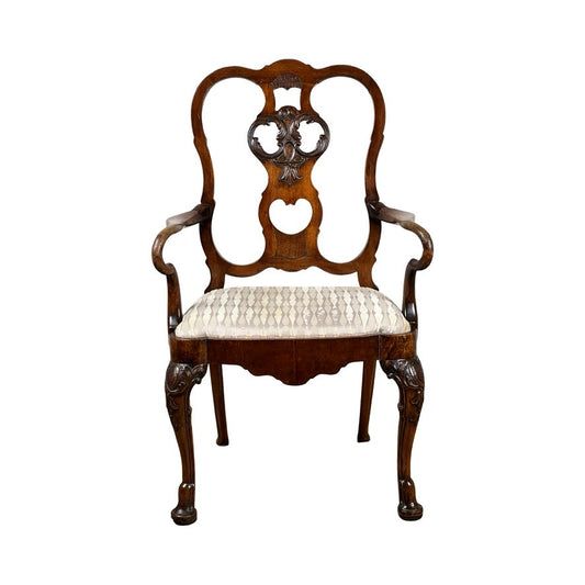 Antique George III Mahogany Open Arm Chair, late 18th century, featuring a carved backrest with heart-shaped cutout, curved arms, patterned fabric cushioned seat, and ornately carved legs. Brand: None/Unknown.